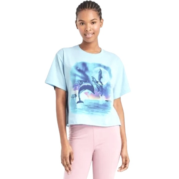 Mighty Fine size medium light blue dolphin in sunset crop top shirt NWT - Picture 1 of 7